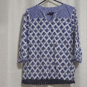 Talbots Tassel Hem Tunic Top Medium Geometric Print Cotton Blue White Resortwear